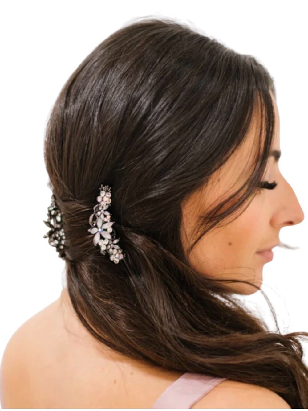Set of 2 Swarovski Crystal Bridal Hair Combs Frosted Floral Silver Tone Prom